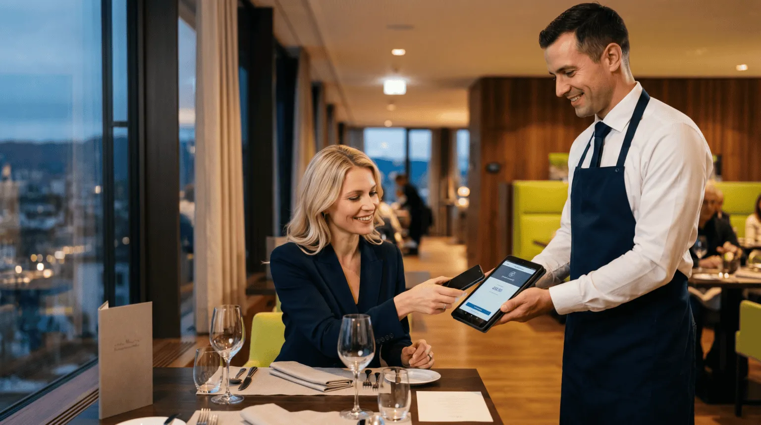 Servicemitarbeiter kassiert am Tisch mit einem mobilen Gerät