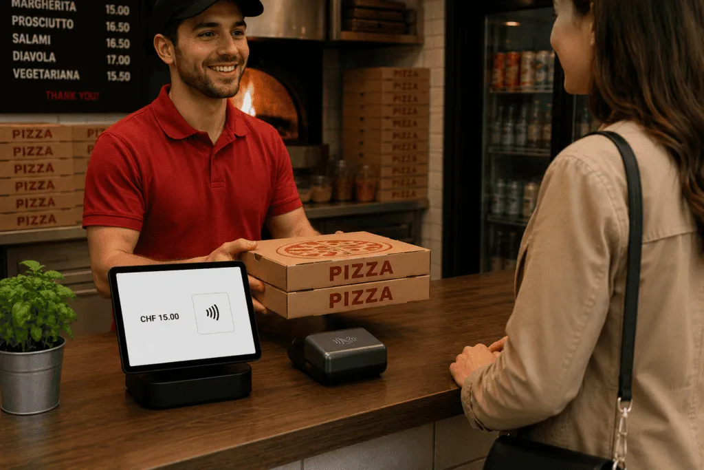 Kartenzahlung an der Theke einer Pizzeria